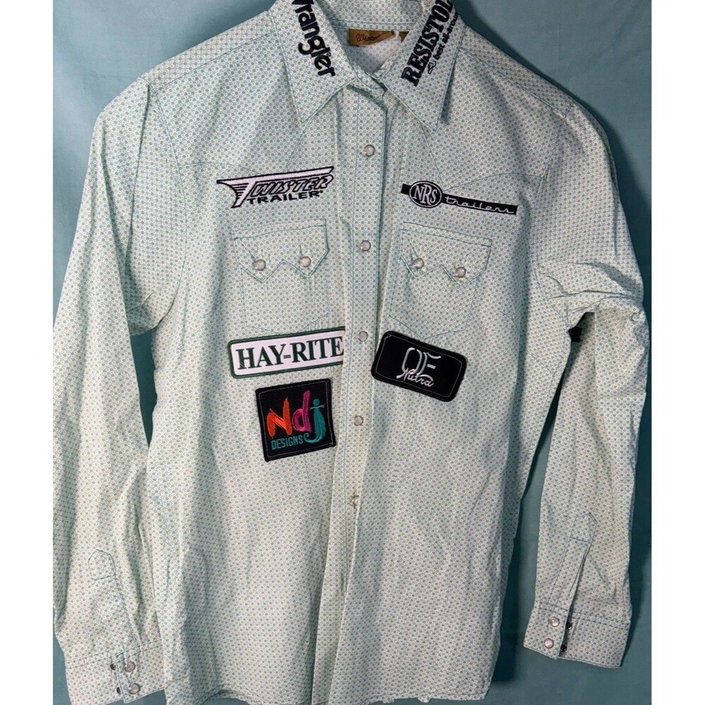 Wrangler Western Shirt Womens M White Print Pearl Snap Rodeo Sponsor Patches